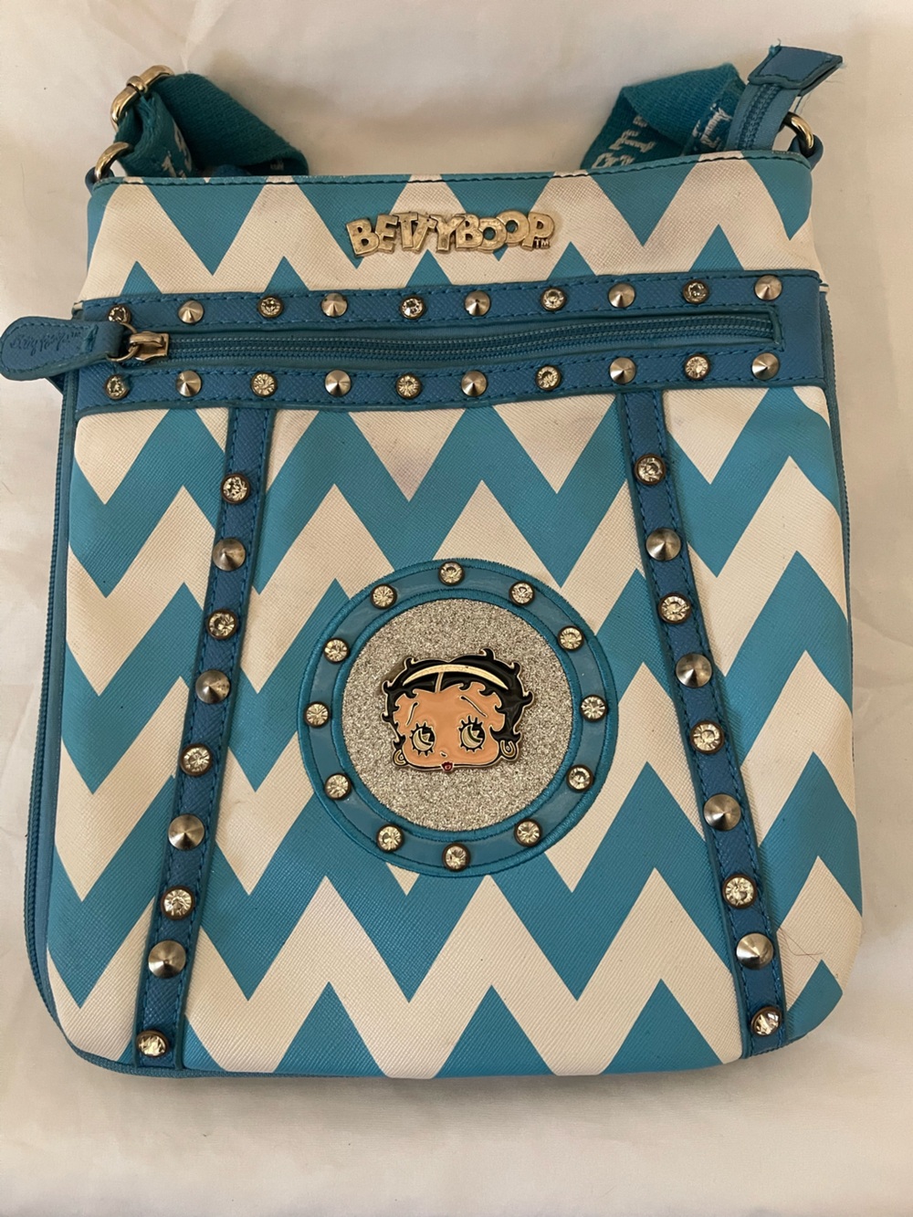 Blue and White Chevron Studded Women's Clutch
